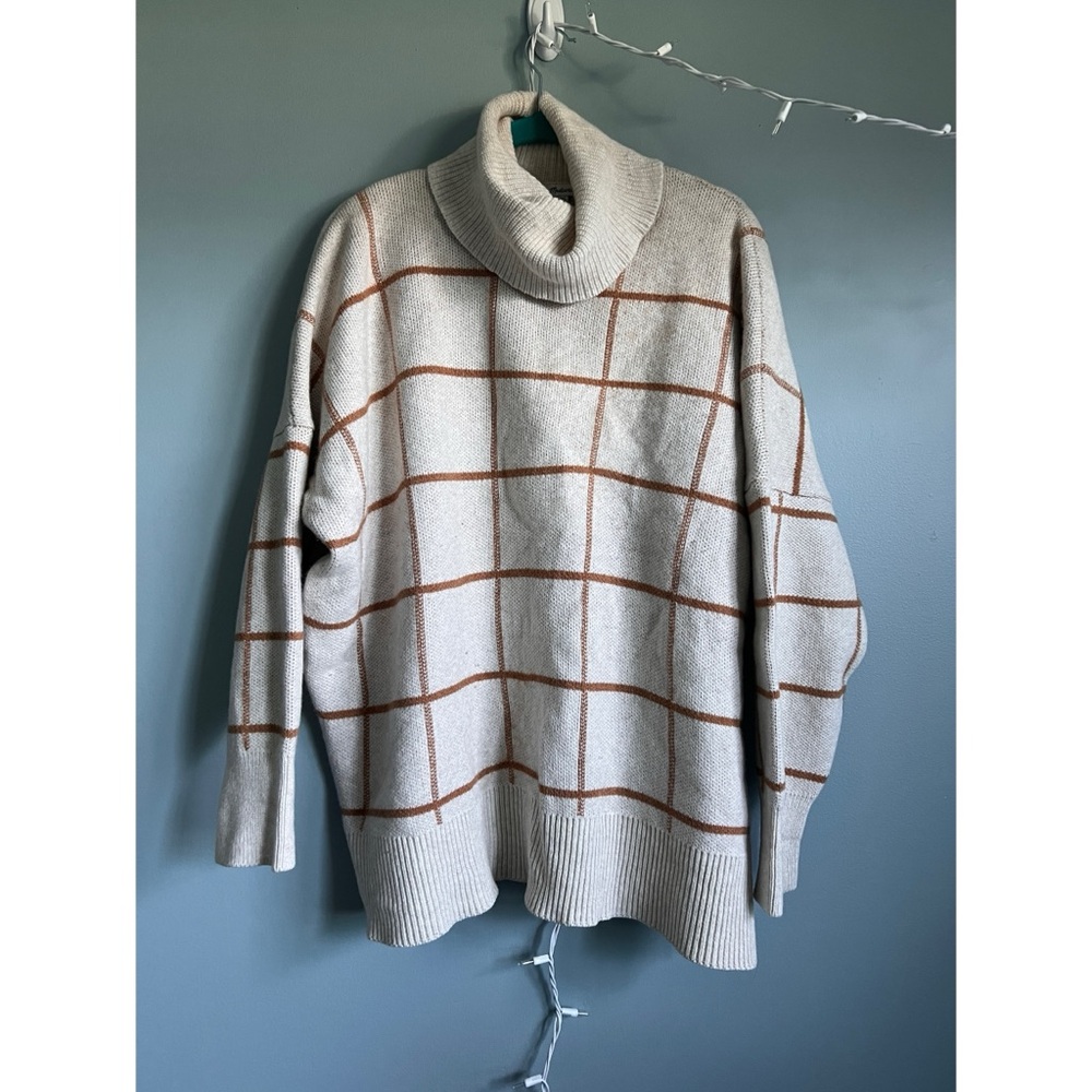 Madewell Cozy Cream and Brown Grid Sweater